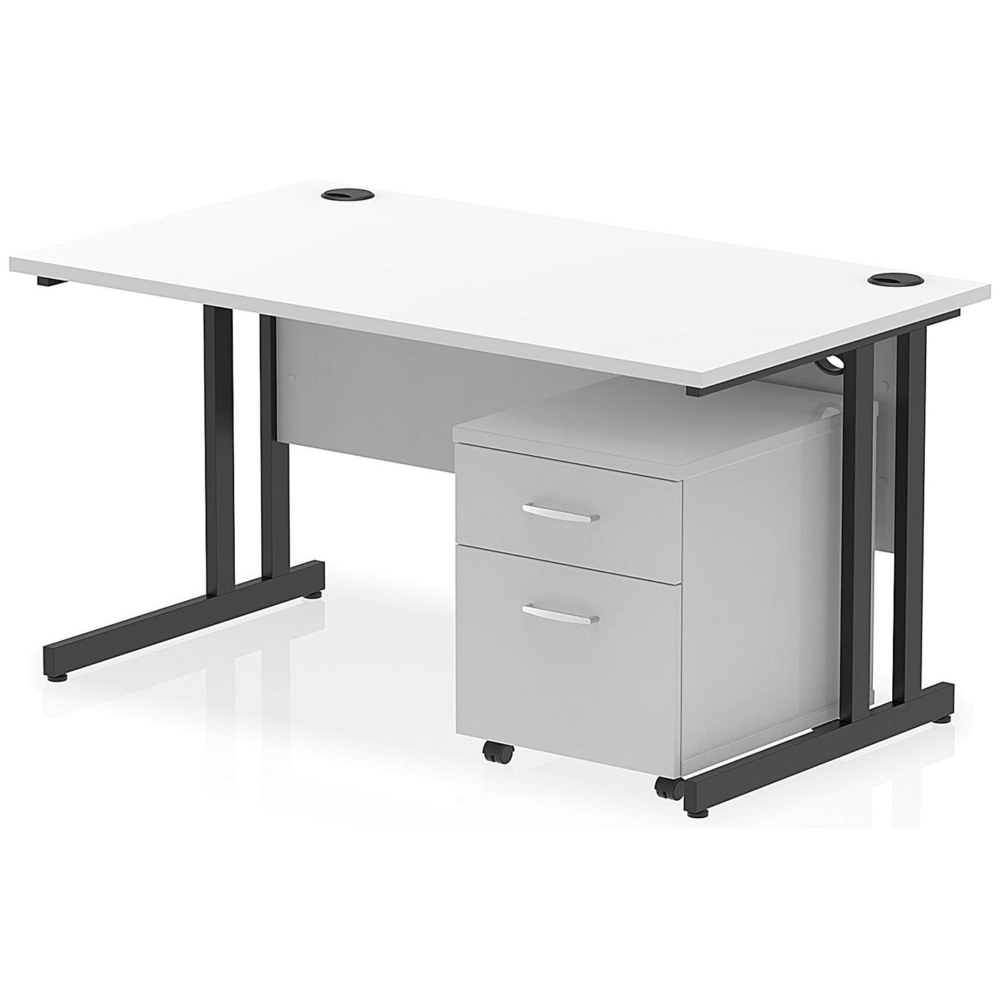 Impulse 1400mm Rectangular Desk, Black Cantilever Leg, White, With 2 Drawer Mobile Pedestal