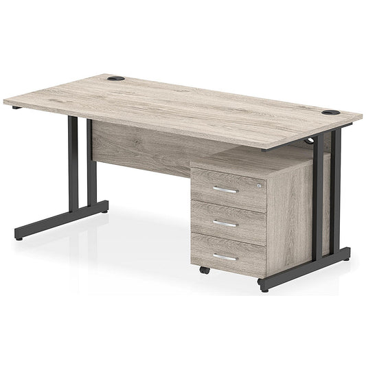 Impulse 1600mm Rectangular Desk, Black Cantilever Leg, Grey Oak, With 3 Drawer Mobile Pedestal