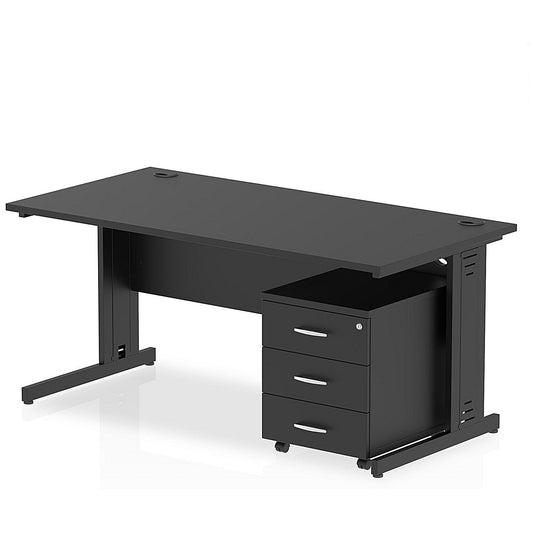 Impulse 1600mm Rectangular Desk, Black Cable Managed Leg, Black, With 3 Drawer Mobile Pedestal