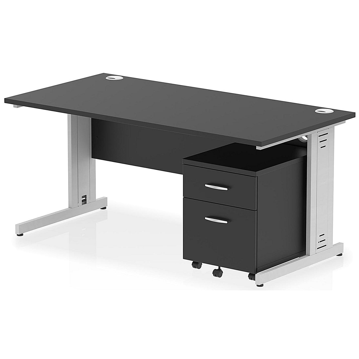 Impulse 1600mm Rectangular Desk, Silver Cable Managed Leg, Black, With 2 Drawer Mobile Pedestal