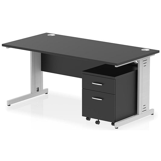 Impulse 1600mm Rectangular Desk, Silver Cable Managed Leg, Black, With 2 Drawer Mobile Pedestal