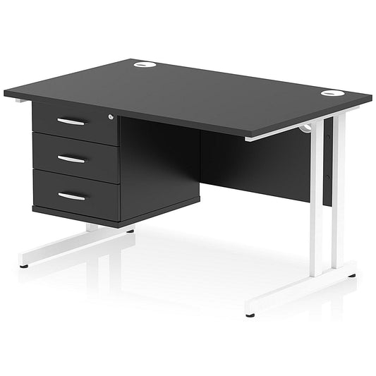 Impulse 1200mm Rectangular Office Desk With Fixed 3 Drawer Pedestal, White Cantilever Leg, Black