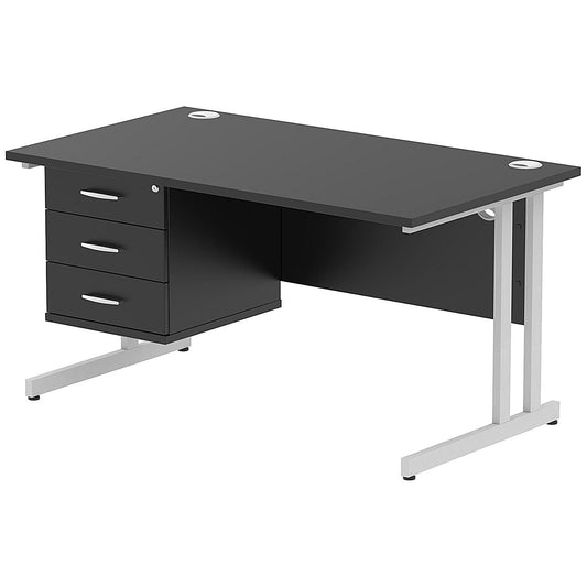 Impulse 1400mm Rectangular Office Desk With Fixed 3 Drawer Pedestal, Silver Cantilever Leg, Black