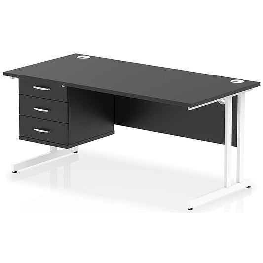 Impulse 1600mm Rectangular Office Desk With Fixed 3 Drawer Pedestal, White Cantilever Leg, Black