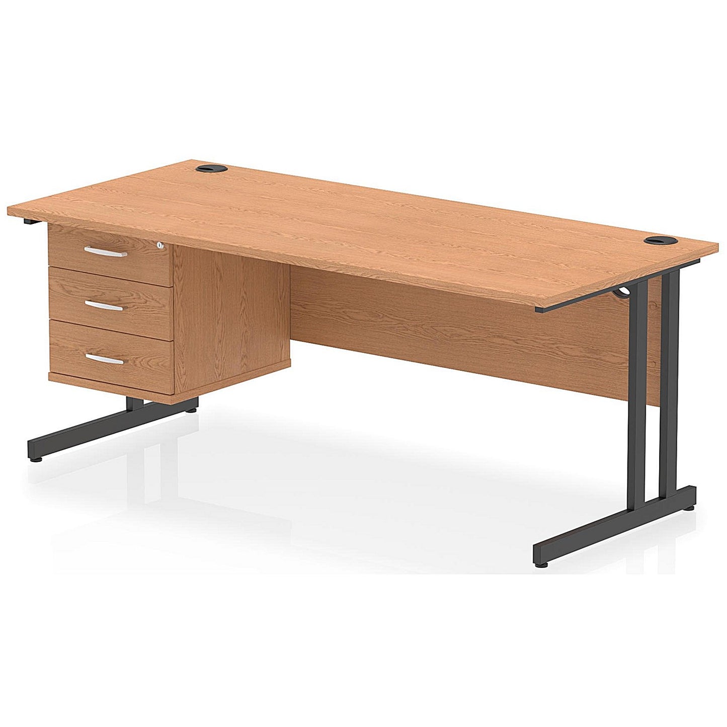 Impulse 1800mm Rectangular Desk, Black Cantilever Leg, Oak, With 3 Drawer Fixed Pedestal