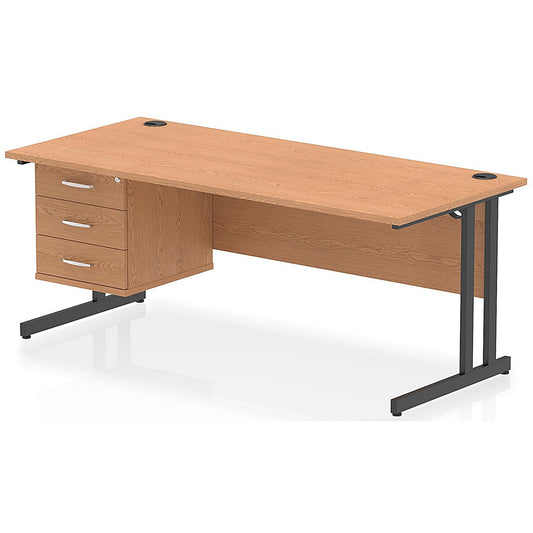 Impulse 1800mm Rectangular Desk, Black Cantilever Leg, Oak, With 3 Drawer Fixed Pedestal