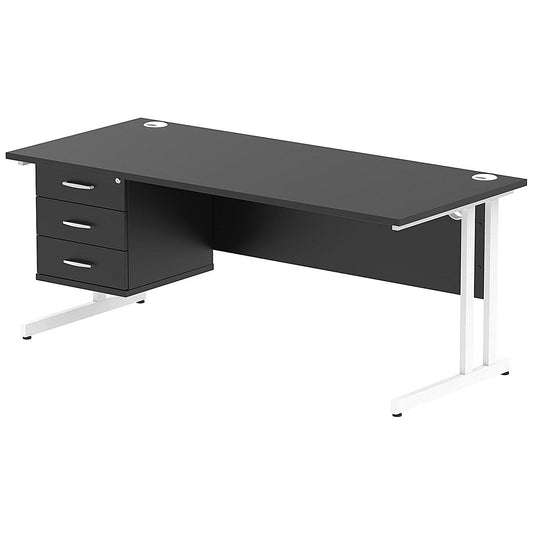 Impulse 1800mm Rectangular Office Desk With Fixed 3 Drawer Pedestal, White Cantilever Leg, Black