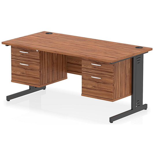 Impulse 1600mm Rectangular Desk, Black Cable Managed Leg, Walnut, With 2 x 2 Drawer Fixed Pedestals