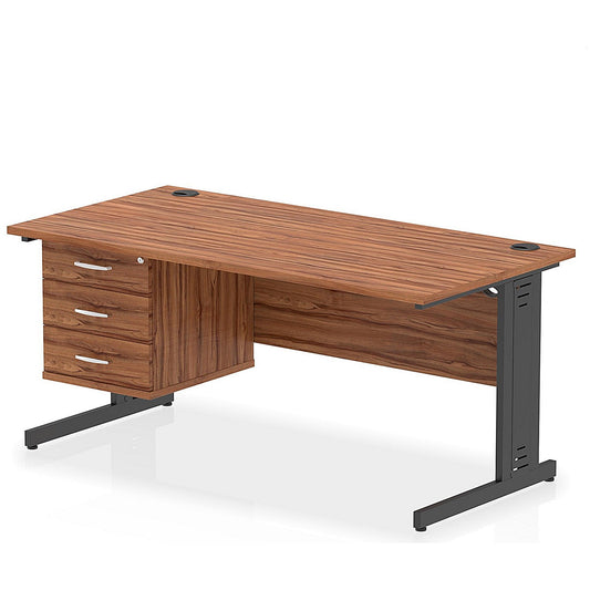 Impulse 1600mm Rectangular Desk, Black Cable Managed Leg, Walnut, With 3 Drawer Fixed Pedestal