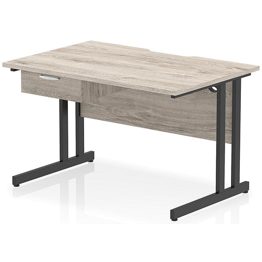 Impulse 1200mm Scalloped Edge Rectangular Desk, Black Cantilever Legs, Grey Oak, With 1 x 1 Drawer Fixed Pedestal Easy2Order : I005984