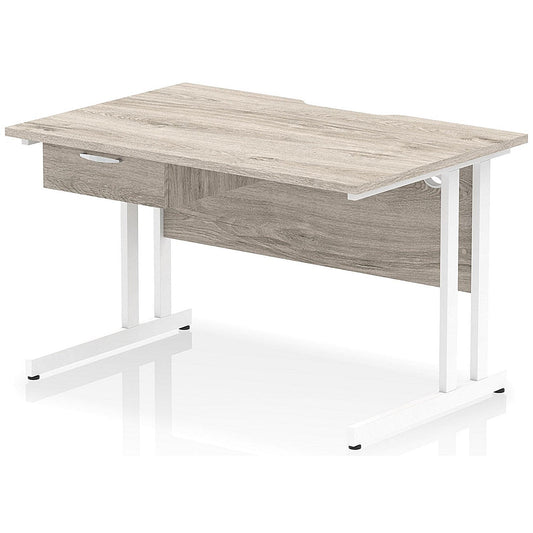 Impulse 1200mm Scalloped Edge Rectangular Desk, White Cantilever Legs, Grey Oak, With 1 x 1 Drawer Fixed Pedestal Easy2Order : I005986