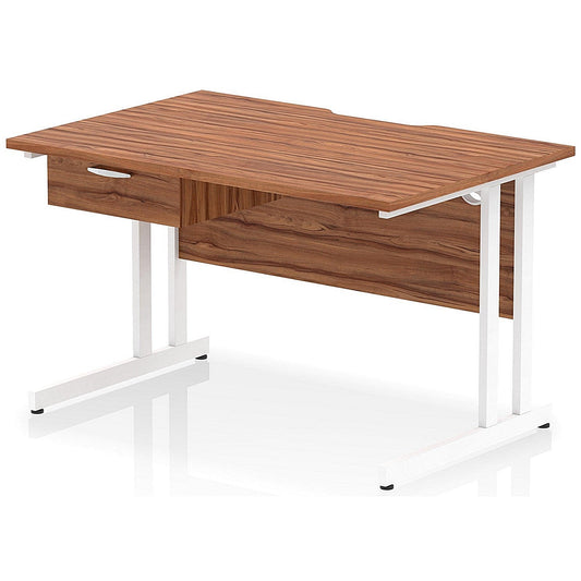 Impulse 1200mm Scalloped Edge Rectangular Desk, White Cantilever Legs, Walnut, With 1 x 1 Drawer Fixed Pedestal Easy2Order : I005995