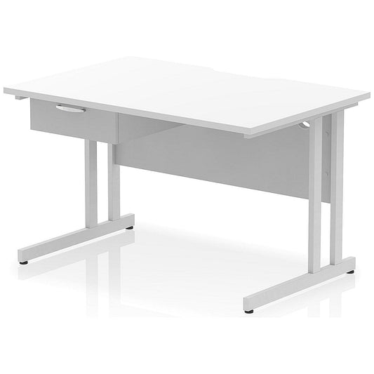 Impulse 1200mm Scalloped Edge Rectangular Desk, Silver Cantilever Legs, White, With 1 x 1 Drawer Fixed Pedestal Easy2Order : I005997