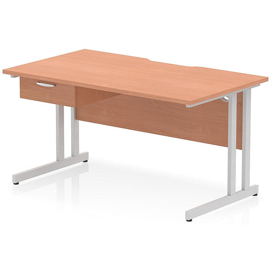 Impulse 1400mm Scalloped Edge Rectangular Desk, Silver Cantilever Legs, Beech, With 1 x 1 Drawer Fixed Pedestal Easy2Order : I006000