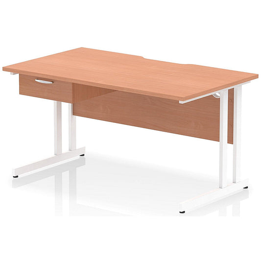 Impulse 1400mm Scalloped Edge Rectangular Desk, White Cantilever Legs, Beech, With 1 x 1 Drawer Fixed Pedestal Easy2Order : I006001