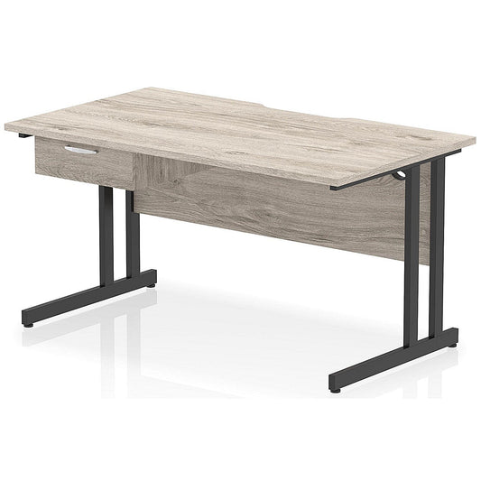 Impulse 1400mm Scalloped Edge Rectangular Desk, Black Cantilever Legs, Grey Oak, With 1 x 1 Drawer Fixed Pedestal Easy2Order : I006002