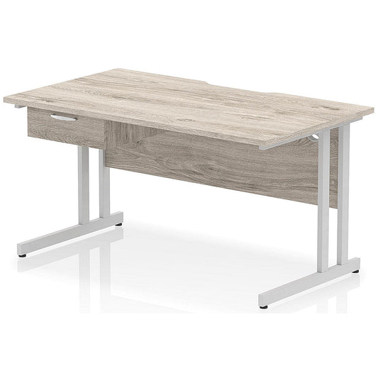 Impulse 1400mm Scalloped Edge Rectangular Desk, Silver Cantilever Legs, Grey Oak, With 1 x 1 Drawer Fixed Pedestal Easy2Order : I006003