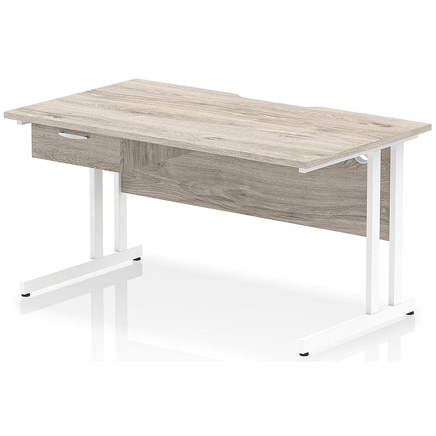 Impulse 1400mm Scalloped Edge Rectangular Desk, White Cantilever Legs, Grey Oak, With 1 x 1 Drawer Fixed Pedestal Easy2Order : I006004