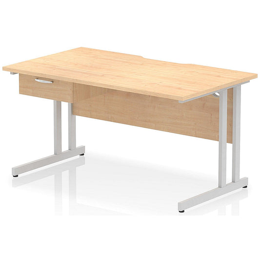 Impulse 1400mm Scalloped Edge Rectangular Desk, Silver Cantilever Legs, Maple, With 1 x 1 Drawer Fixed Pedestal Easy2Order : I006006