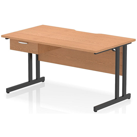 Impulse 1400mm Scalloped Edge Rectangular Desk, Black Cantilever Legs, Oak, With 1 x 1 Drawer Fixed Pedestal Easy2Order : I006008