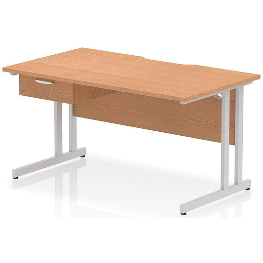 Impulse 1400mm Scalloped Edge Rectangular Desk, Silver Cantilever Legs, Oak, With 1 x 1 Drawer Fixed Pedestal Easy2Order : I006009