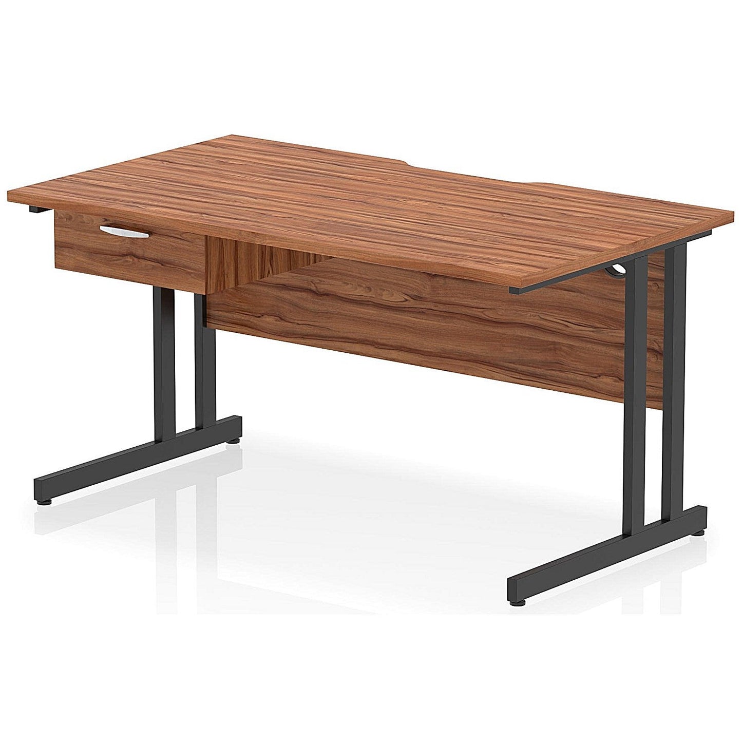 Impulse 1400mm Scalloped Edge Rectangular Desk, Black Cantilever Legs, Walnut, With 1 x 1 Drawer Fixed Pedestal Easy2Order : I006011