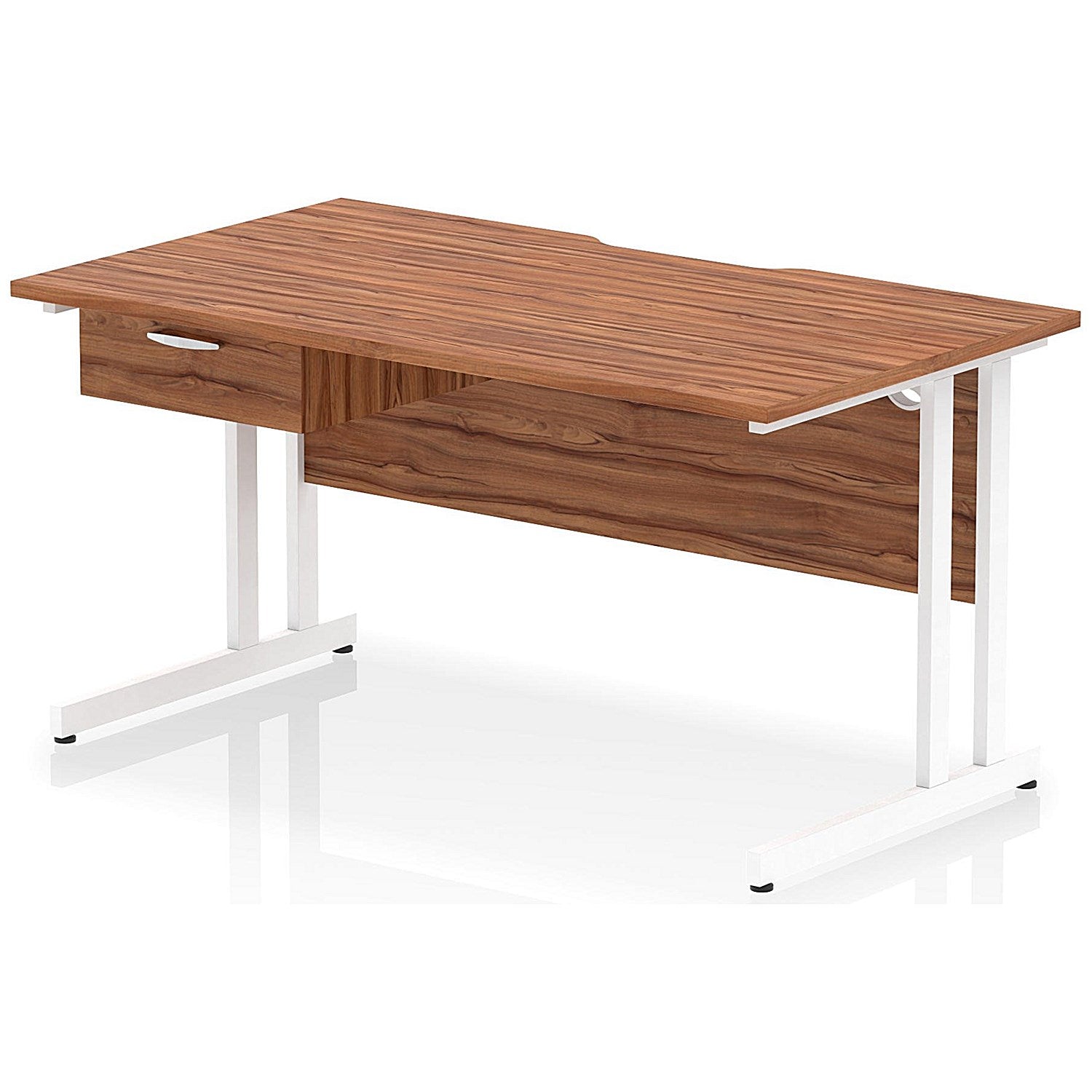 Impulse 1400mm Scalloped Edge Rectangular Desk, White Cantilever Legs, Walnut, With 1 x 1 Drawer Fixed Pedestal Easy2Order : I006013