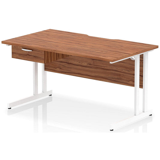 Impulse 1400mm Scalloped Edge Rectangular Desk, White Cantilever Legs, Walnut, With 1 x 1 Drawer Fixed Pedestal Easy2Order : I006013