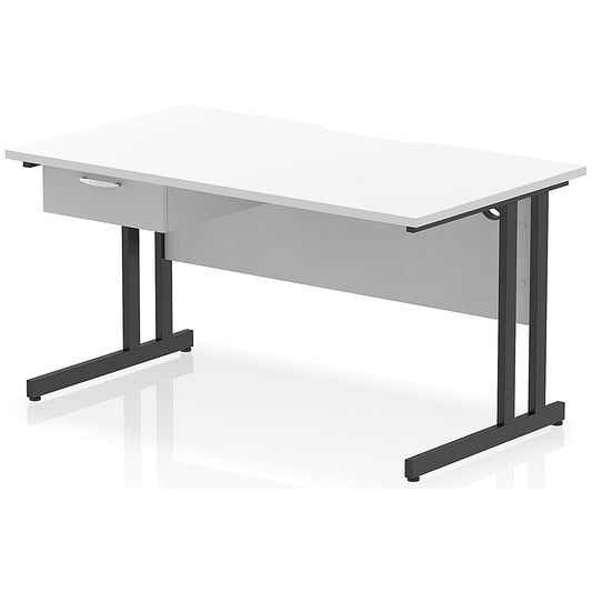 Impulse 1400mm Scalloped Edge Rectangular Desk, Black Cantilever Legs, White, With 1 x 1 Drawer Fixed Pedestal Easy2Order : I006014