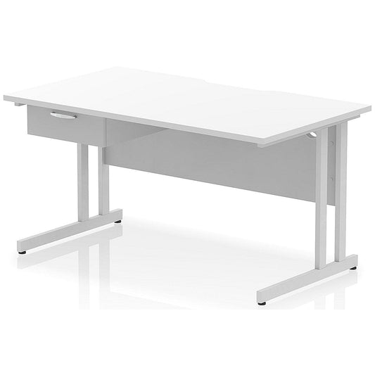 Impulse 1400mm Scalloped Edge Rectangular Desk, Silver Cantilever Legs, White, With 1 x 1 Drawer Fixed Pedestal Easy2Order : I006015