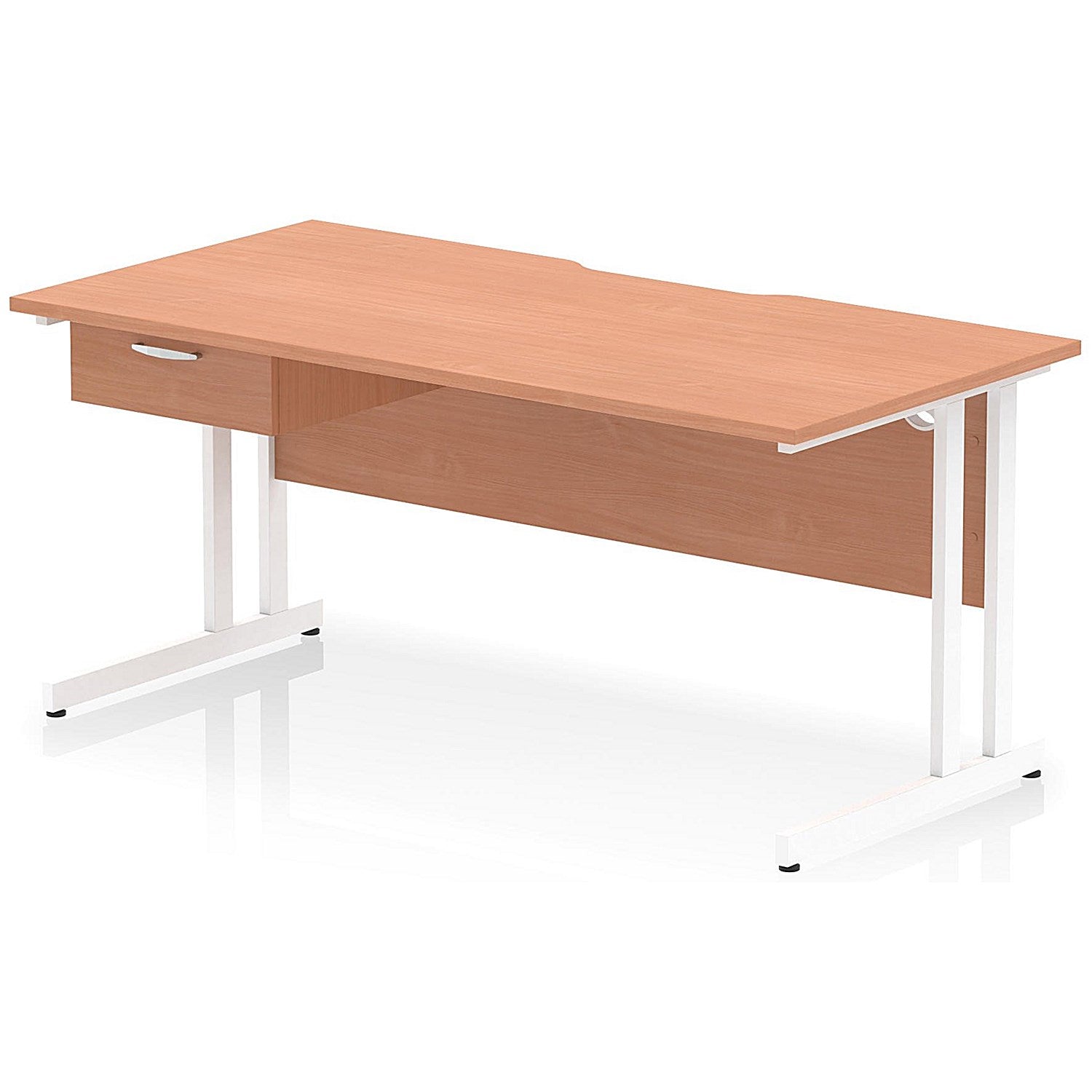 Impulse 1600mm Scalloped Edge Rectangular Desk, White Cantilever Legs, Beech, With 1 x 1 Drawer Fixed Pedestal Easy2Order : I006019