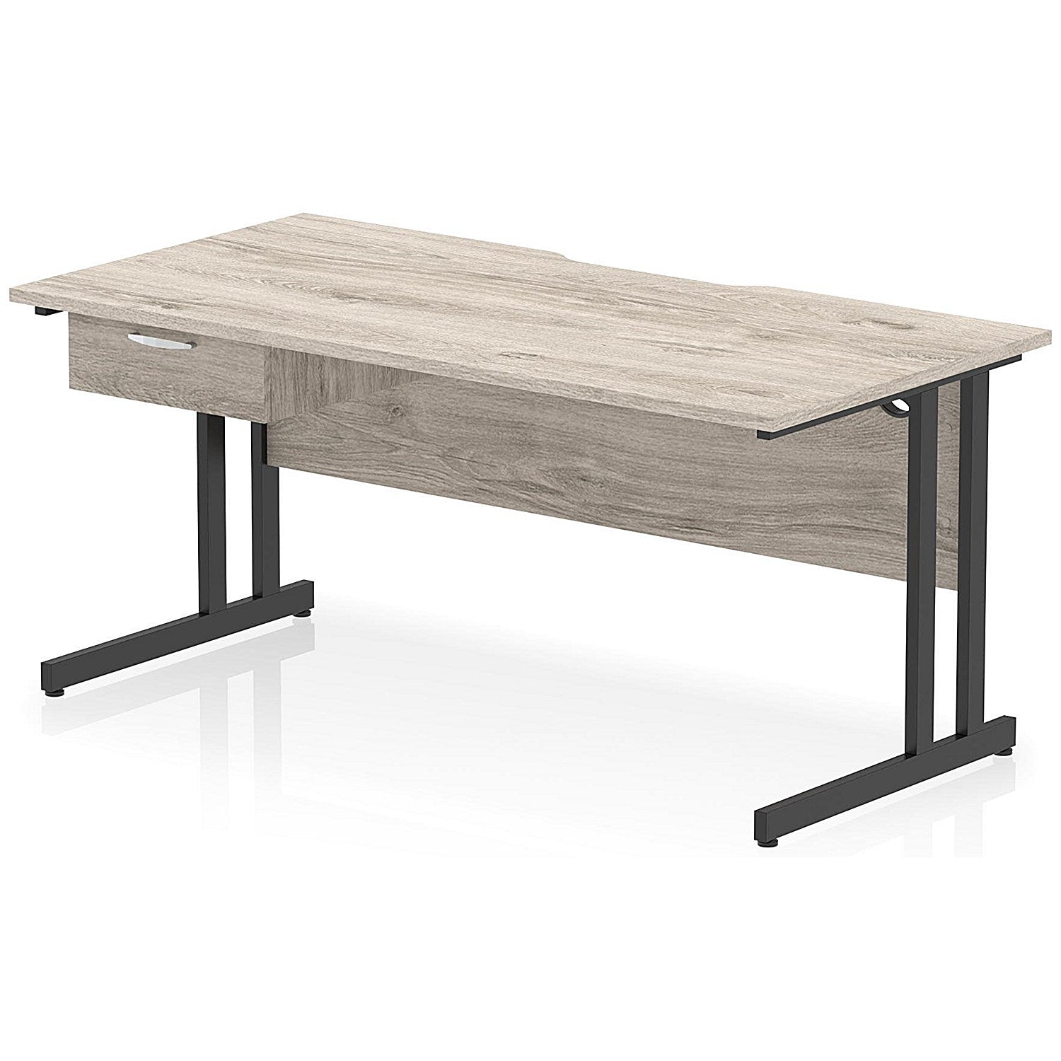 Impulse 1600mm Scalloped Edge Rectangular Desk, Black Cantilever Legs, Grey Oak, With 1 x 1 Drawer Fixed Pedestal Easy2Order : I006020