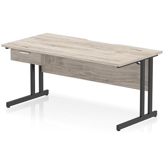 Impulse 1600mm Scalloped Edge Rectangular Desk, Black Cantilever Legs, Grey Oak, With 1 x 1 Drawer Fixed Pedestal Easy2Order : I006020