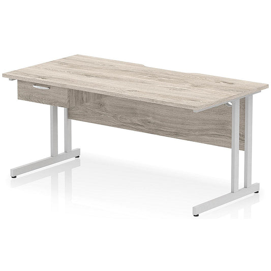 Impulse 1600mm Scalloped Edge Rectangular Desk, Silver Cantilever Legs, Grey Oak, With 1 x 1 Drawer Fixed Pedestal Easy2Order : I006021