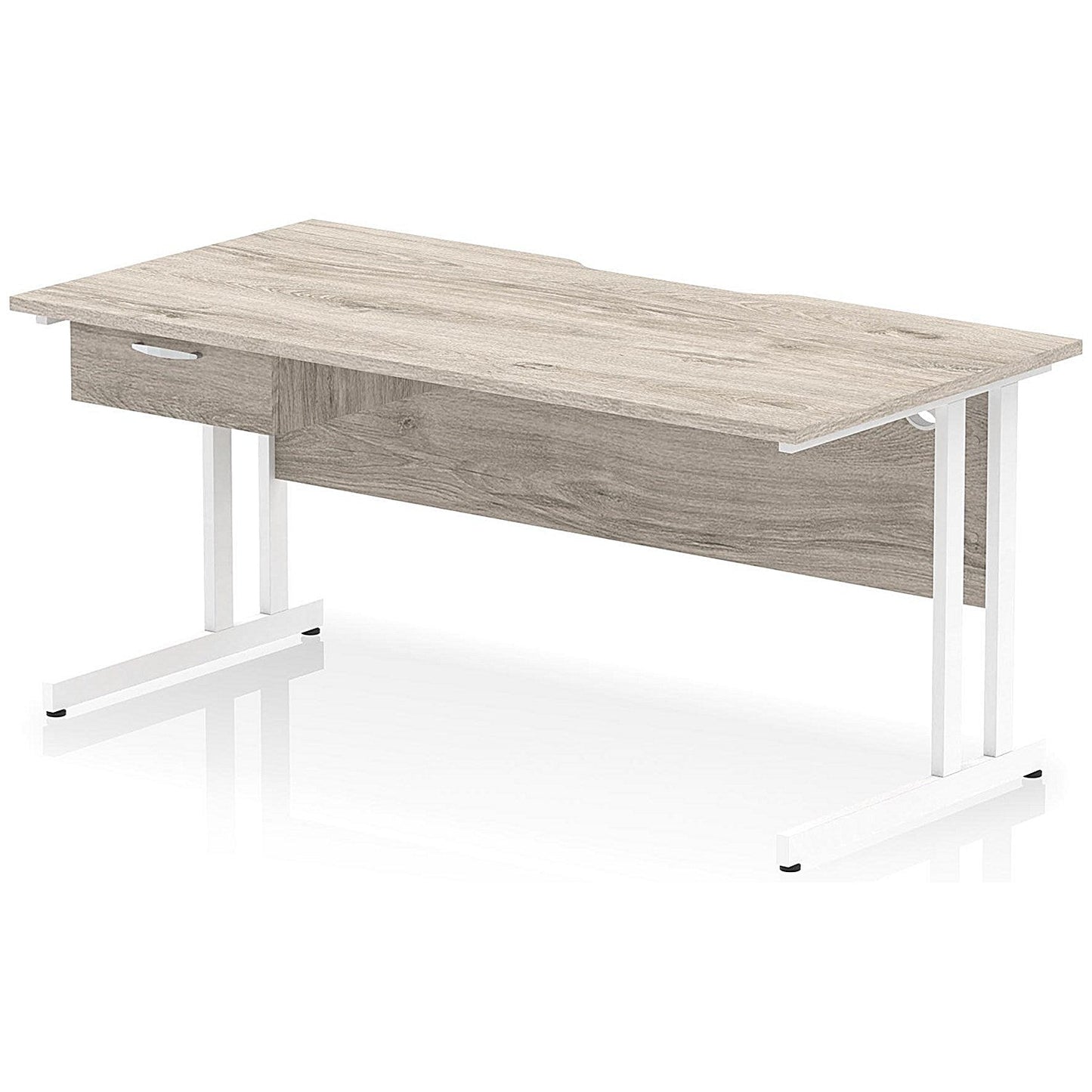 Impulse 1600mm Scalloped Edge Rectangular Desk, White Cantilever Legs, Grey Oak, With 1 x 1 Drawer Fixed Pedestal Easy2Order : I006022