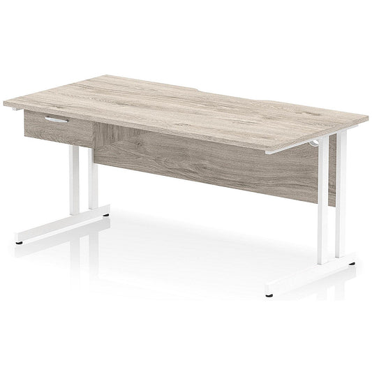 Impulse 1600mm Scalloped Edge Rectangular Desk, White Cantilever Legs, Grey Oak, With 1 x 1 Drawer Fixed Pedestal Easy2Order : I006022