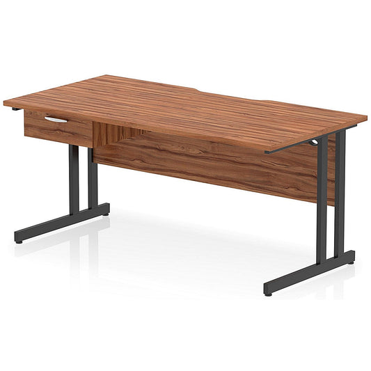Impulse 1600mm Scalloped Edge Rectangular Desk, Black Cantilever Legs, Walnut, With 1 x 1 Drawer Fixed Pedestal Easy2Order : I006029
