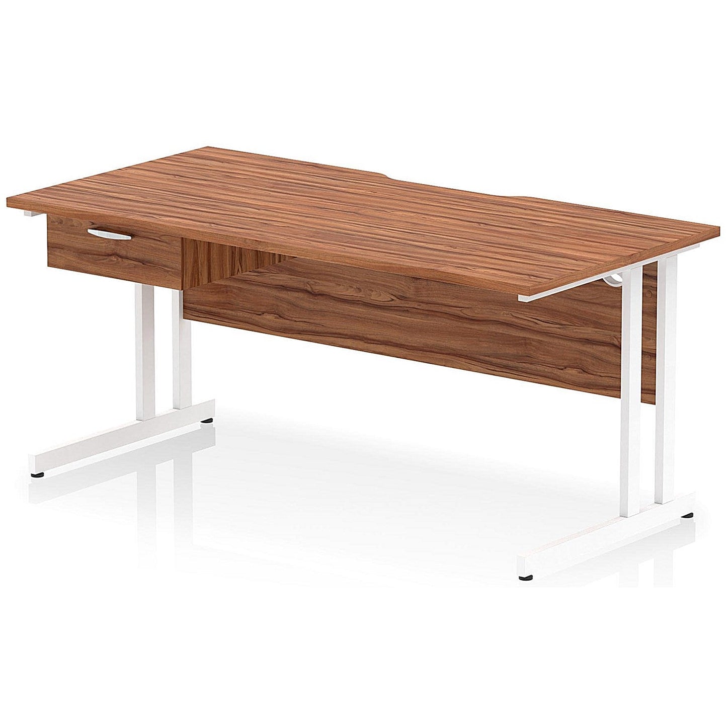 Impulse 1600mm Scalloped Edge Rectangular Desk, White Cantilever Legs, Walnut, With 1 x 1 Drawer Fixed Pedestal Easy2Order : I006031