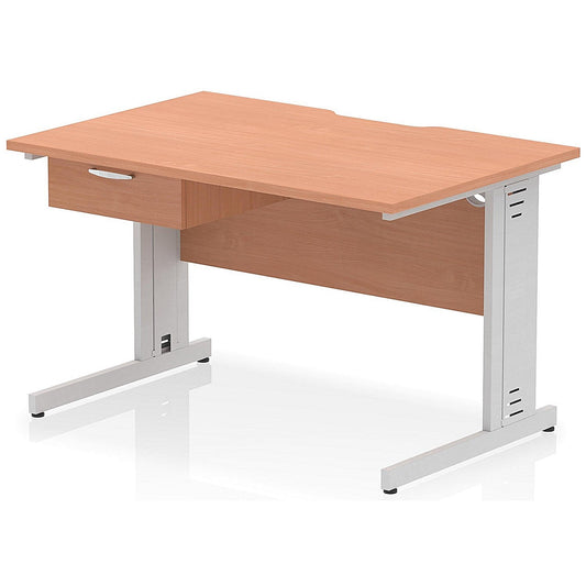 Impulse 1200mm Scalloped Edge Rectangular Desk, Silver Cable Managed Legs, Beech, With 1 x 1 Drawer Fixed Pedestal Easy2Order : I006036