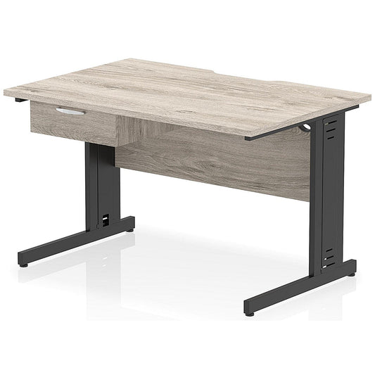 Impulse 1200mm Scalloped Edge Rectangular Desk, Black Cable Managed Legs, Grey Oak, With 1 x 1 Drawer Fixed Pedestal Easy2Order : I006038