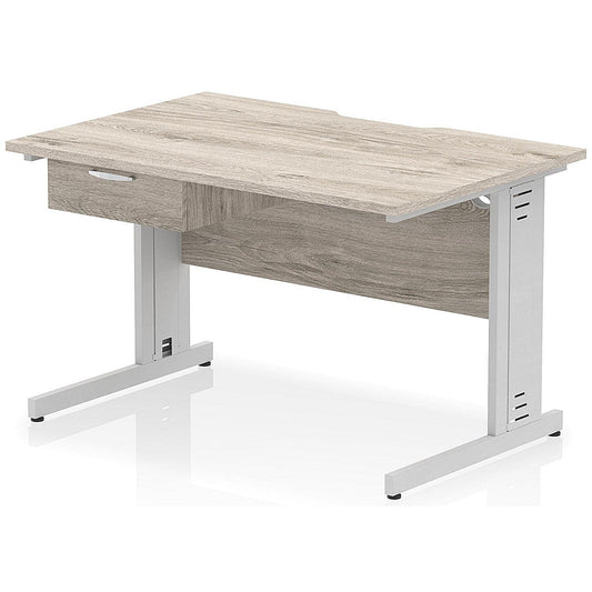 Impulse 1200mm Scalloped Edge Rectangular Desk, Silver Cable Managed Legs, Grey Oak, With 1 x 1 Drawer Fixed Pedestal Easy2Order : I006039