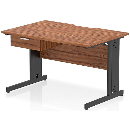 Impulse 1200mm Scalloped Edge Rectangular Desk, Black Cable Managed Legs, Walnut, With 1 x 1 Drawer Fixed Pedestal Easy2Order : I006047