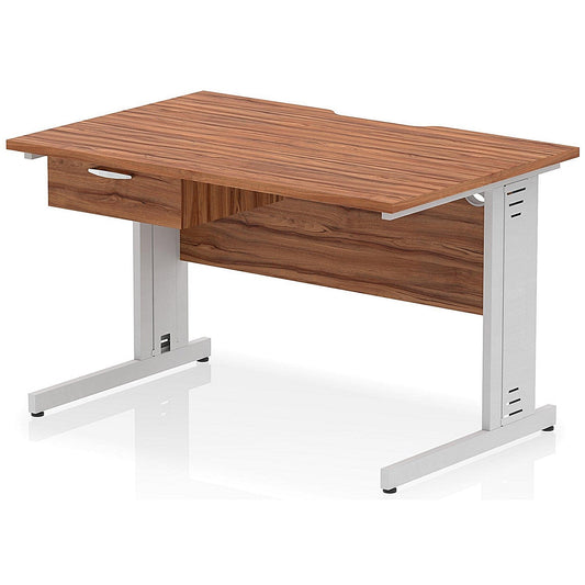 Impulse 1200mm Scalloped Edge Rectangular Desk, Silver Cable Managed Legs, Walnut, With 1 x 1 Drawer Fixed Pedestal Easy2Order : I006048