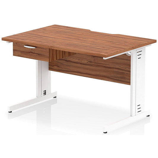 Impulse 1200mm Scalloped Edge Rectangular Desk, White Cable Managed Legs, Walnut, With 1 x 1 Drawer Fixed Pedestal Easy2Order : I006049