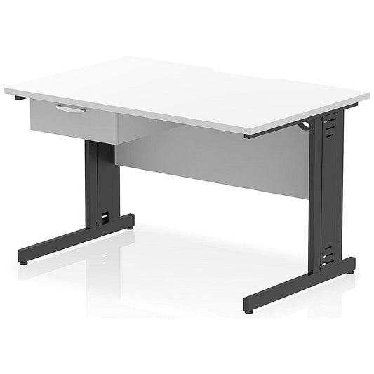 Impulse 1200mm Scalloped Edge Rectangular Desk, Black Cable Managed Legs, White, With 1 x 1 Drawer Fixed Pedestal Easy2Order : I006050