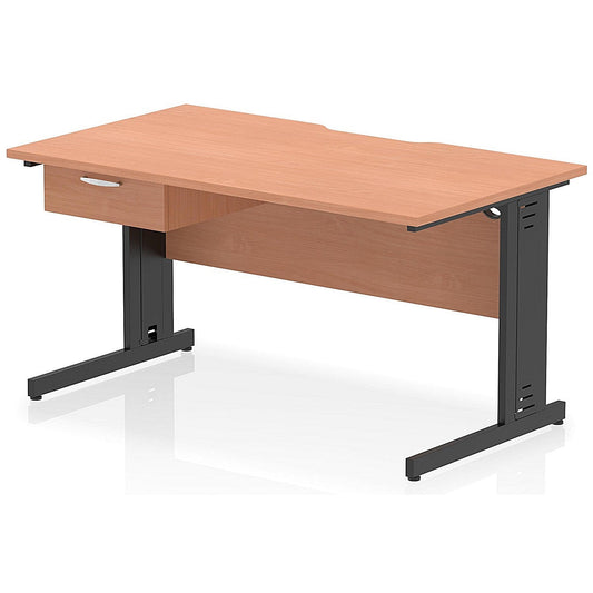 Impulse 1400mm Scalloped Edge Rectangular Desk, Black Cable Managed Legs, Beech, With 1 x 1 Drawer Fixed Pedestal Easy2Order : I006053