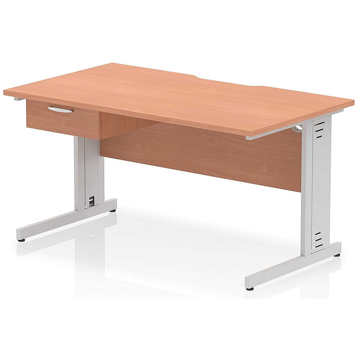 Impulse 1400mm Scalloped Edge Rectangular Desk, Silver Cable Managed Legs, Beech, With 1 x 1 Drawer Fixed Pedestal Easy2Order : I006054