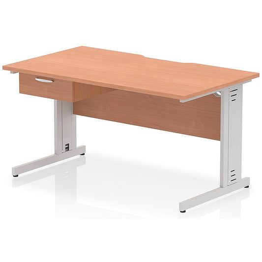 Impulse 1400mm Scalloped Edge Rectangular Desk, Silver Cable Managed Legs, Beech, With 1 x 1 Drawer Fixed Pedestal Easy2Order : I006054