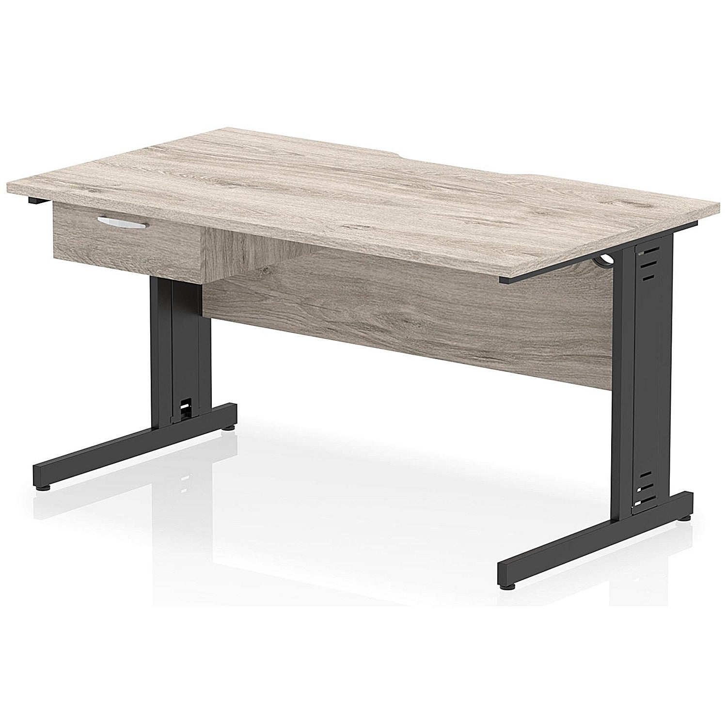 Impulse 1400mm Scalloped Edge Rectangular Desk, Black Cable Managed Legs, Grey Oak, With 1 x 1 Drawer Fixed Pedestal Easy2Order : I006056