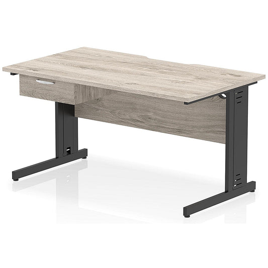 Impulse 1400mm Scalloped Edge Rectangular Desk, Black Cable Managed Legs, Grey Oak, With 1 x 1 Drawer Fixed Pedestal Easy2Order : I006056